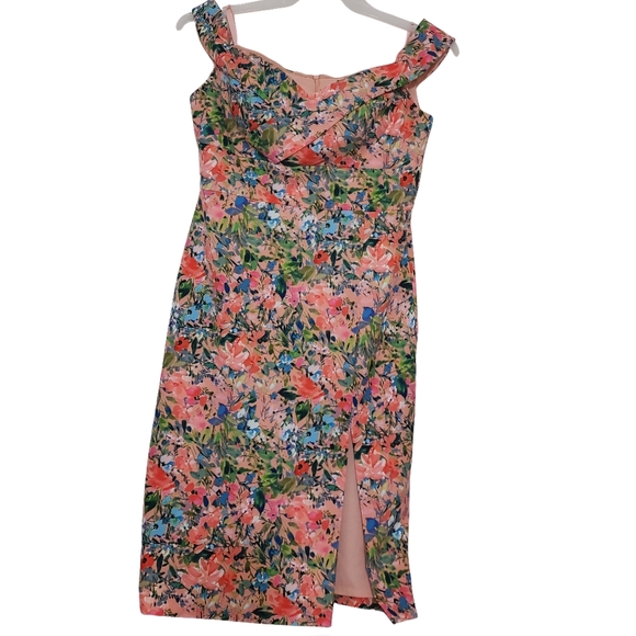 AIDAN BY AIDAN MATTOX Off Shoulder Sheath Dress Pink Floral Garden Party Slit 10 - Picture 4 of 15